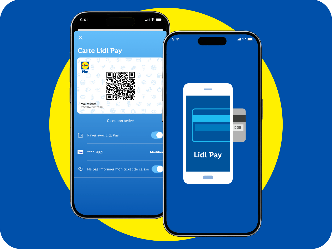 Deux smartphones affichent l'application de paiement d'un supermarché, avec une carte de fidélité et des options de paiement.