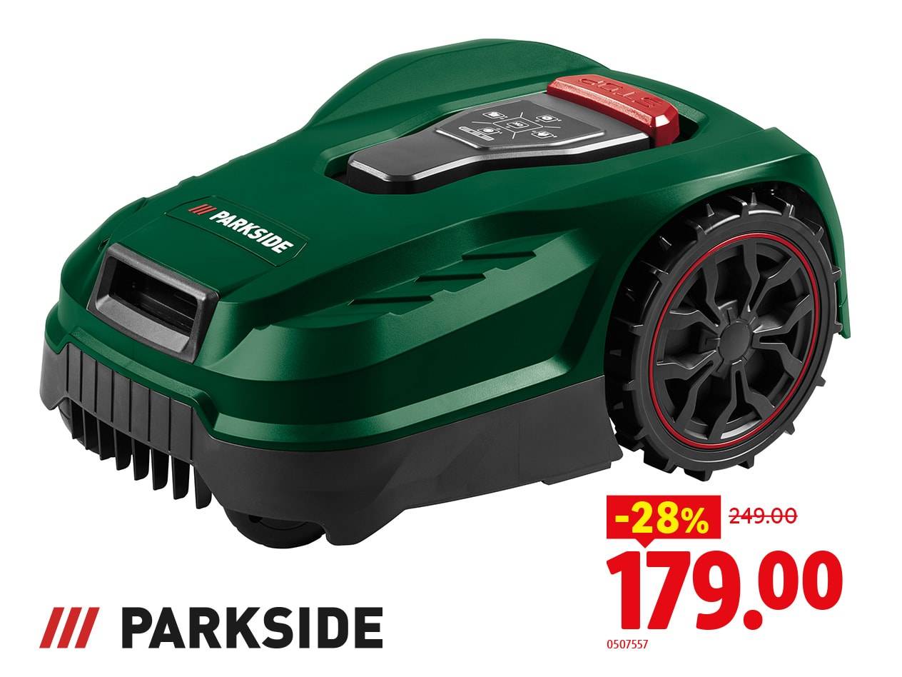 Robot tondeuse vert avec roues noires et rouges, en promotion à 179,00.