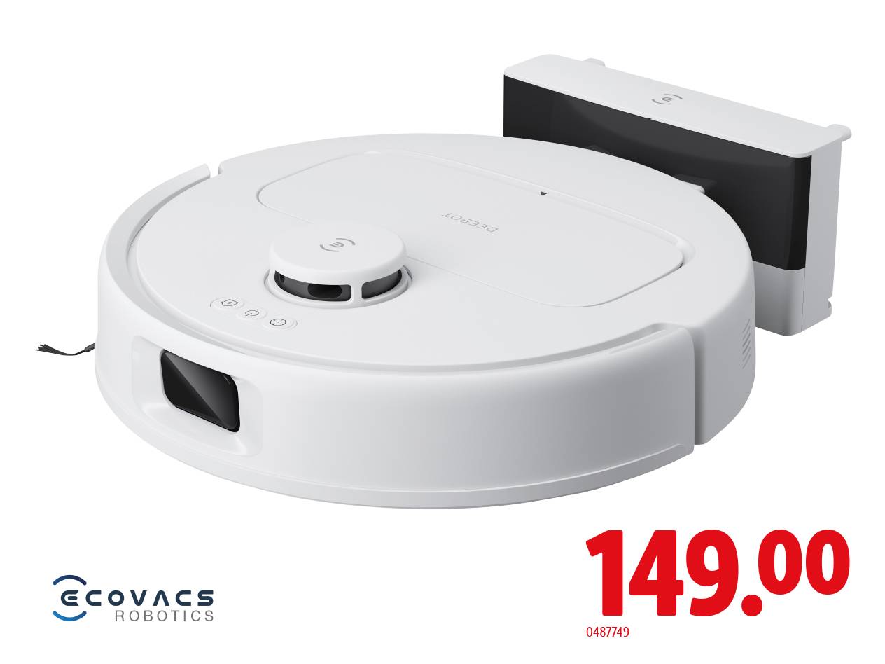 Weißer Ecovacs Deebot Saugroboter mit Entleerungsstation, Preis 149,00 €.