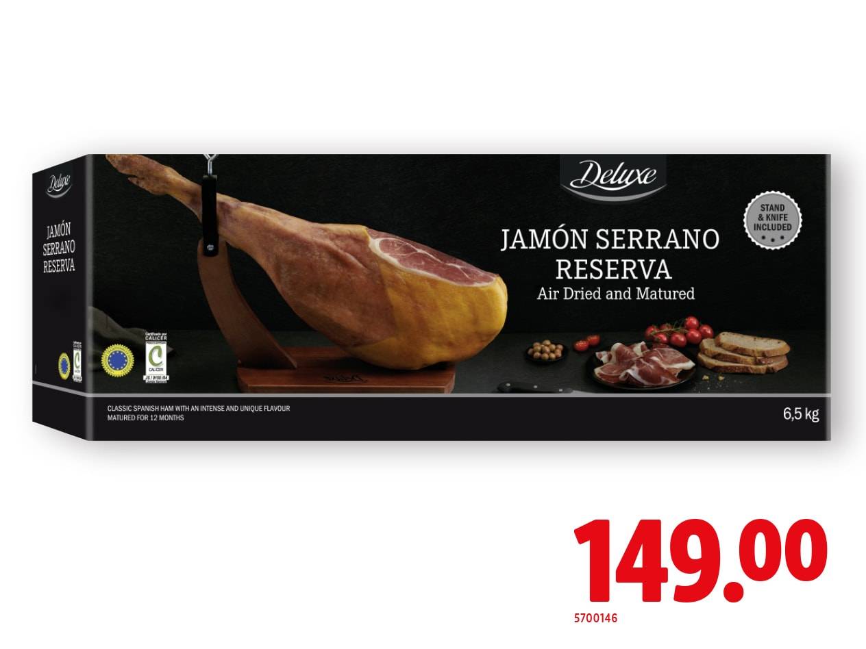 Deluxe Jamón Serrano Reserva 6,5 kg mit Ständer und Messer, 12 Monate gereift, für 149,00.