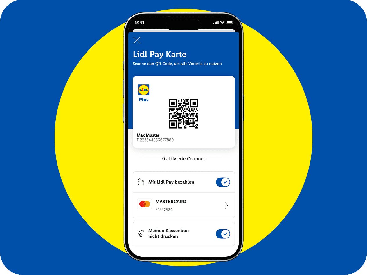 Smartphone-Bildschirm mit einer digitalen Kundenkarte und Zahlungsoptionen.