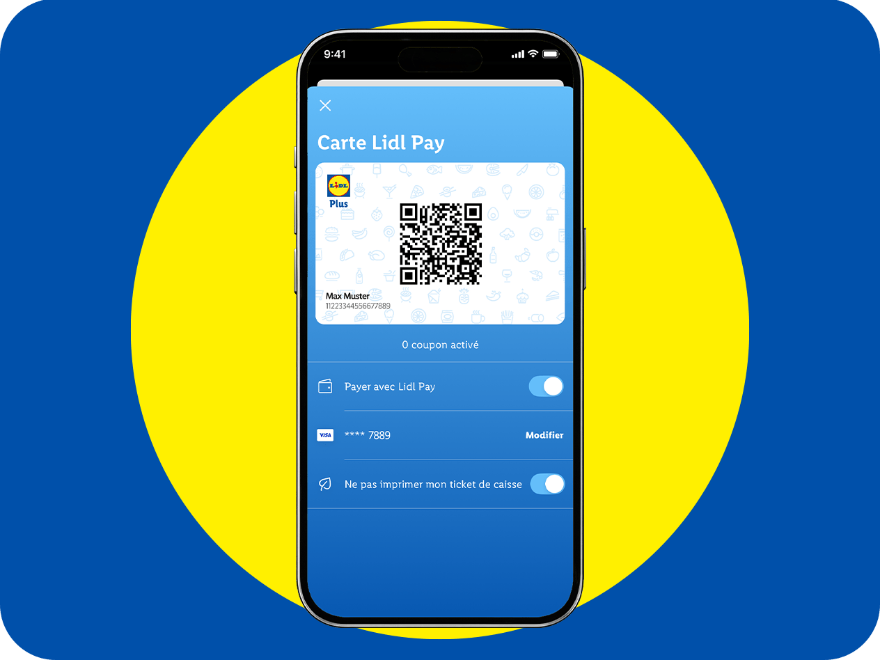 Écran de l'application de paiement avec code QR, carte de fidélité et options de paiement.