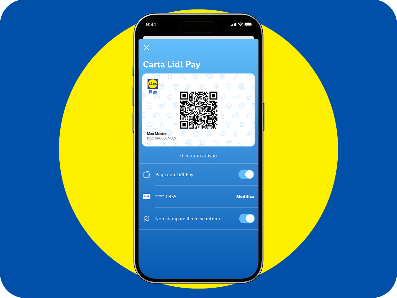 Schermata dell'app di pagamento mobile con codice QR, nome utente e opzioni di pagamento.