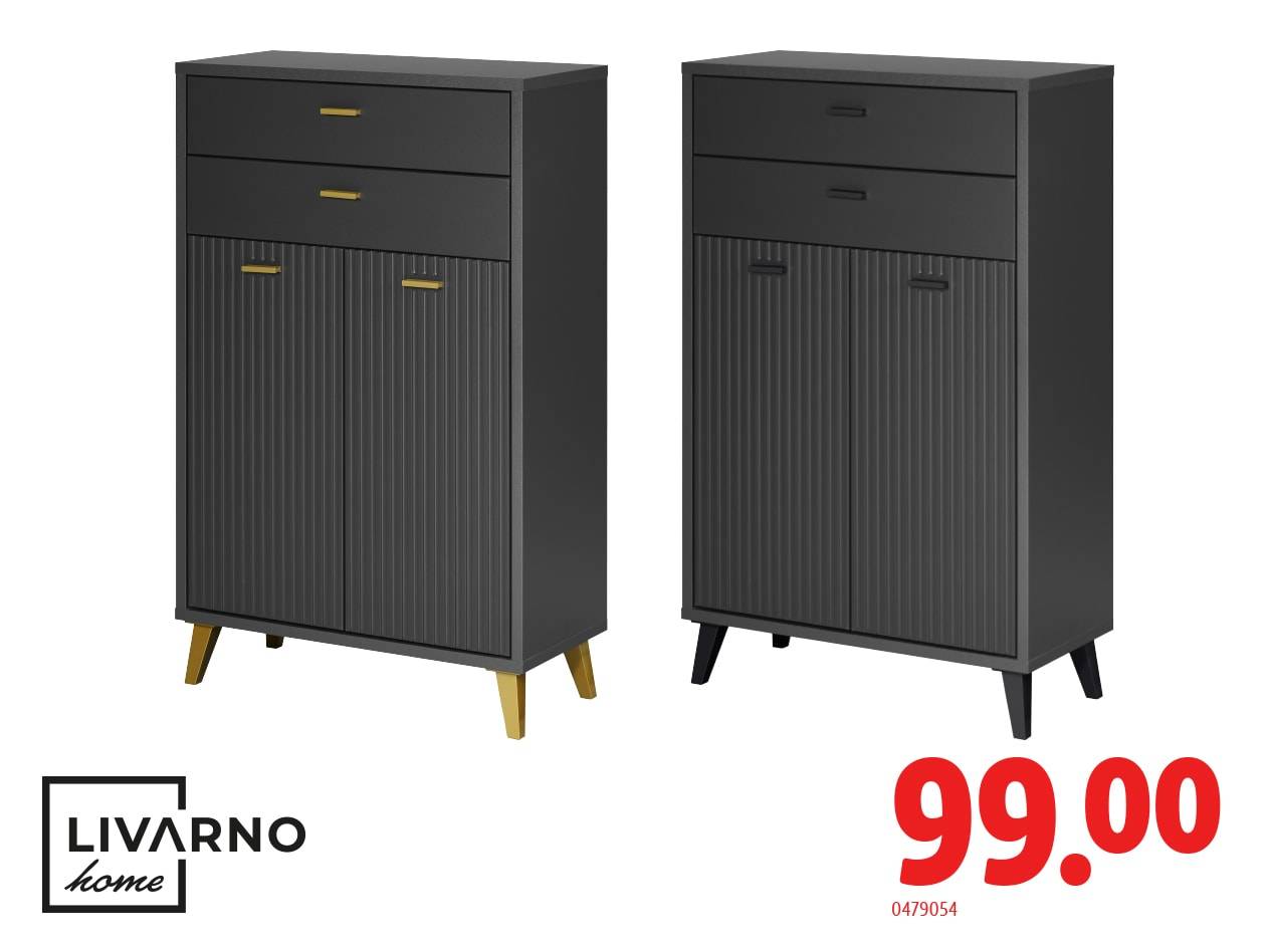 Zwei schwarze Schränke mit Schubladen und geriffelten Türen, einer mit goldenen und der andere mit schwarzen Beinen, mit einem Preis von 99,00.