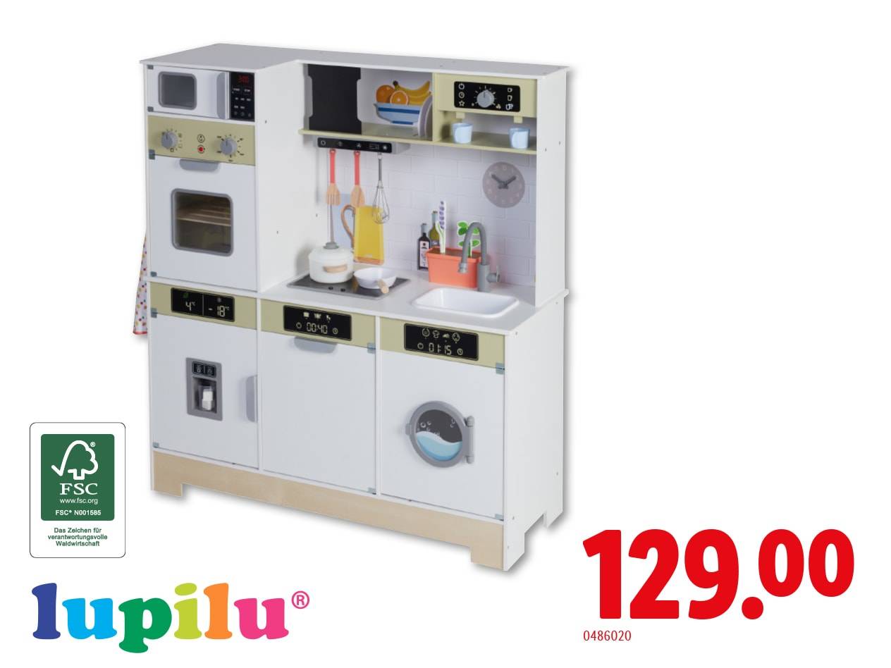 Lupilu Spielküche aus Holz mit Backofen, Mikrowelle, Waschmaschine und Spüle, mit Preisangabe.