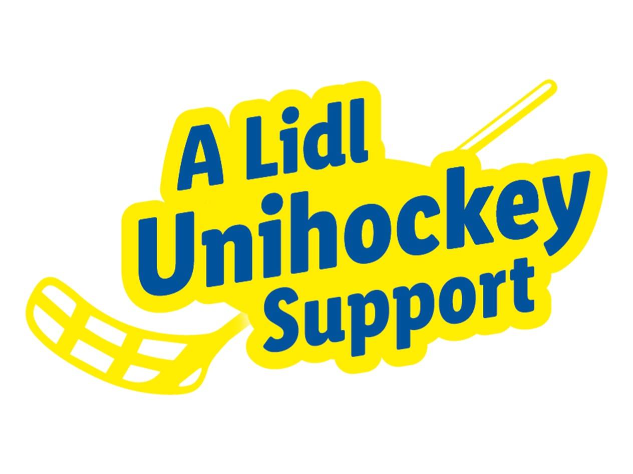 Logo giallo e blu con la scritta 'A Lidl Unihockey Support' e un bastone da unihockey.