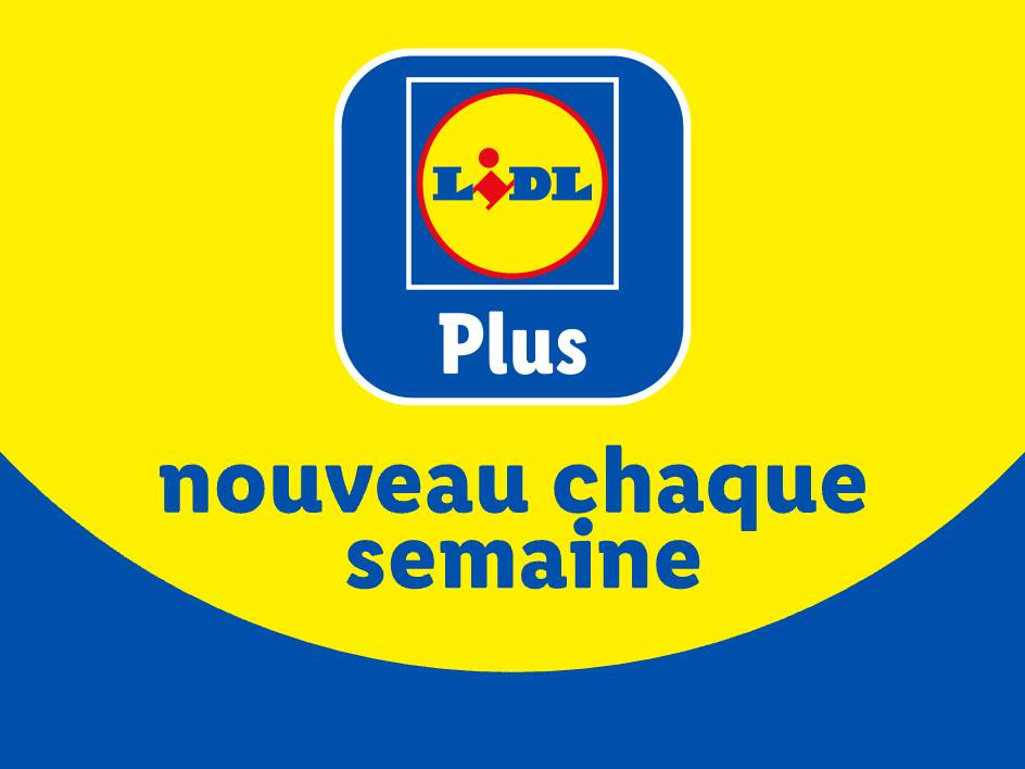 Logo de supermarché sur fond jaune et bleu avec le texte « nouveau chaque semaine ».