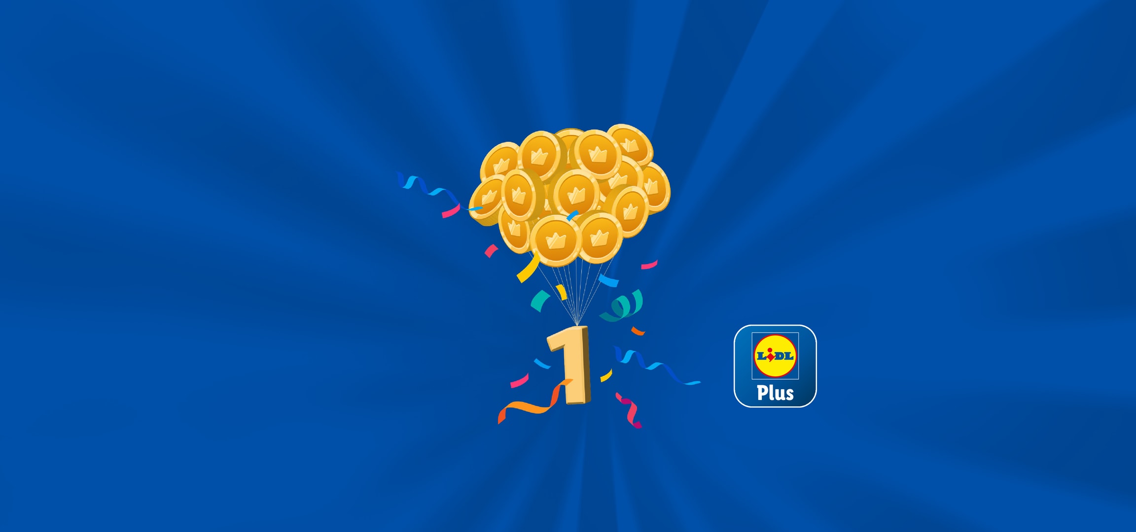 Lidl Plus celebra il suo primo anniversario con monete d'oro e coriandoli.