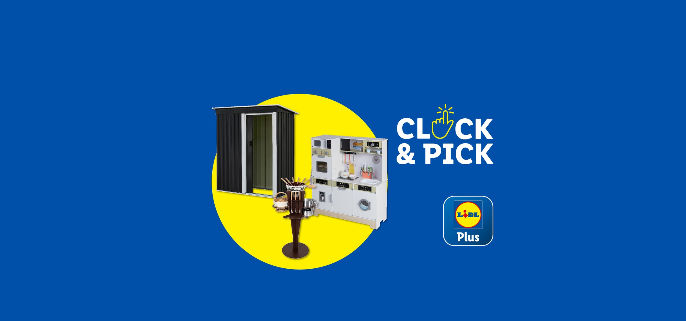 Gartenschuppen, Kinder-Spielküche und Grillzubehör auf blau-gelbem Hintergrund mit Lidl Plus Logo und 'CLICK & PICK' Text.