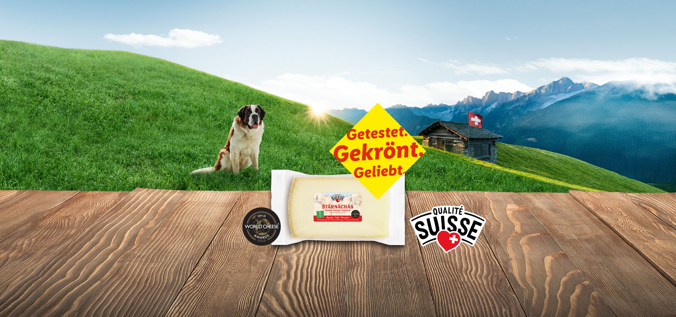 Schweizer Käse Toggenburger Gwitterchäs und Stärnächäs auf einem Holztisch mit Bernhardiner und Berglandschaft.