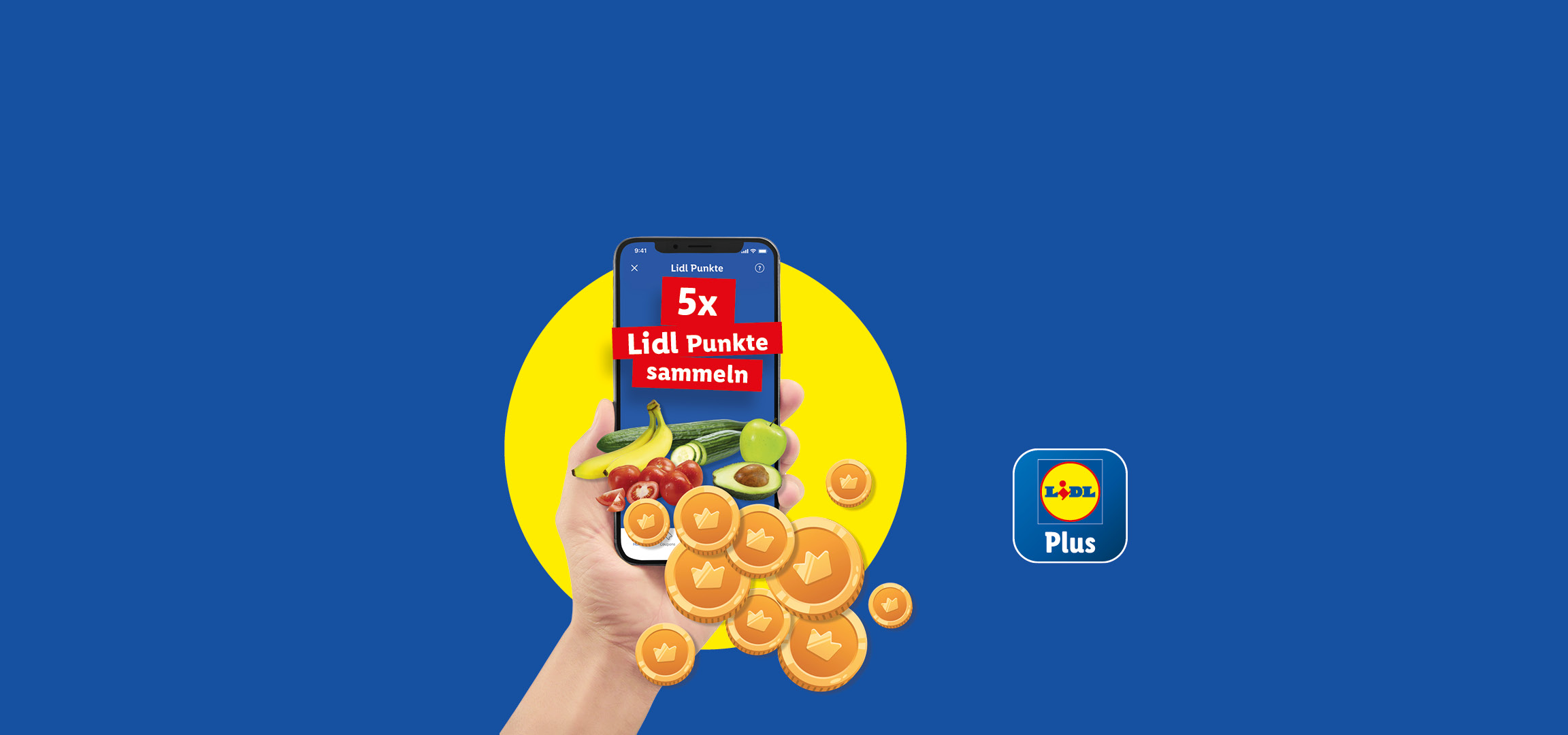 Lidl Plus App mit 5x Lidl Punkte sammeln, umgeben von Obst, Gemüse und Goldmünzen.