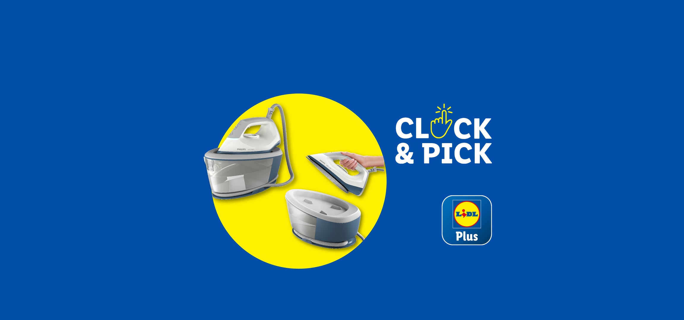 Lidl Plus Click & Pick: Philips Dampfbügeleisen und Dampfstation auf blau-gelbem Hintergrund.