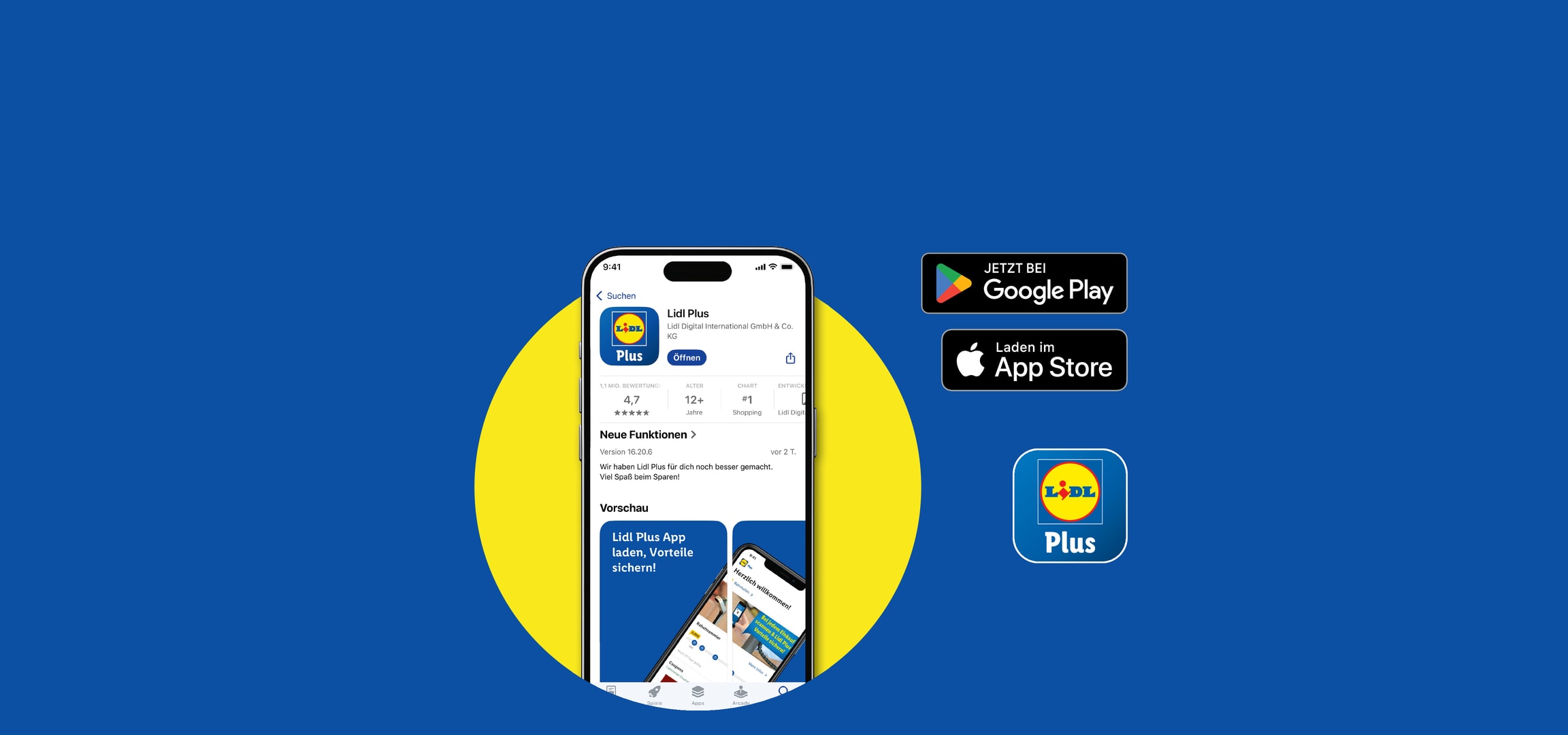 Bildschirmaufnahme der mobilen App mit Supermarkt-Logo und Download-Buttons.