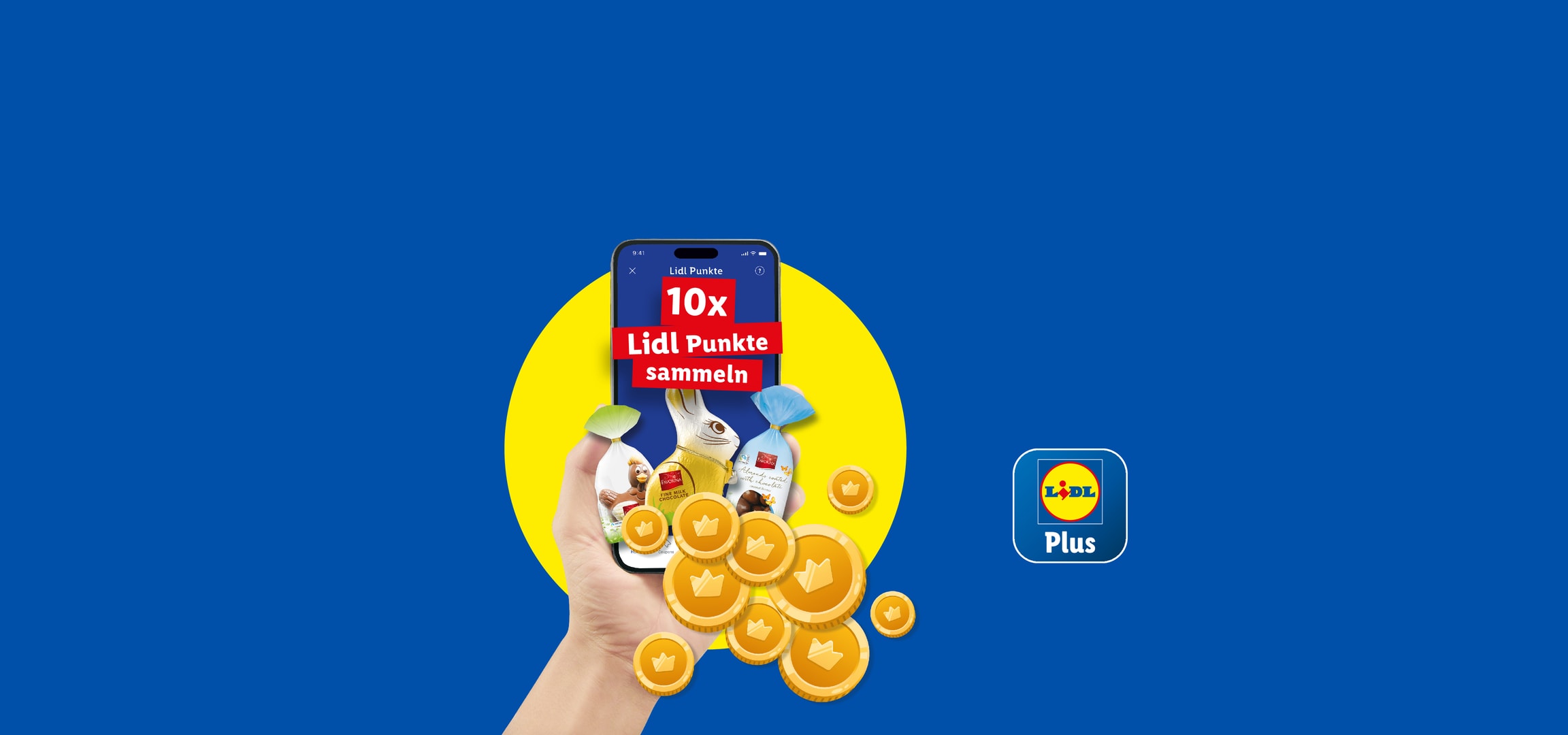 Hand hält Smartphone mit Lidl Plus App, zeigt 10x Punkte und goldene Münzen.