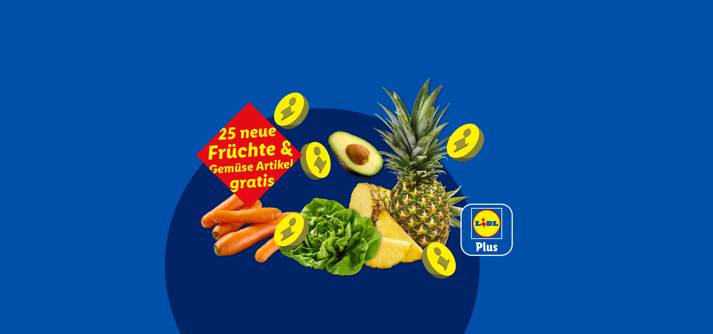 Frisches Obst und Gemüse, darunter Ananas, Avocado, Karotten und Salat, mit dem Angebot „25 neue Früchte & Gemüse Artikel gratis“.