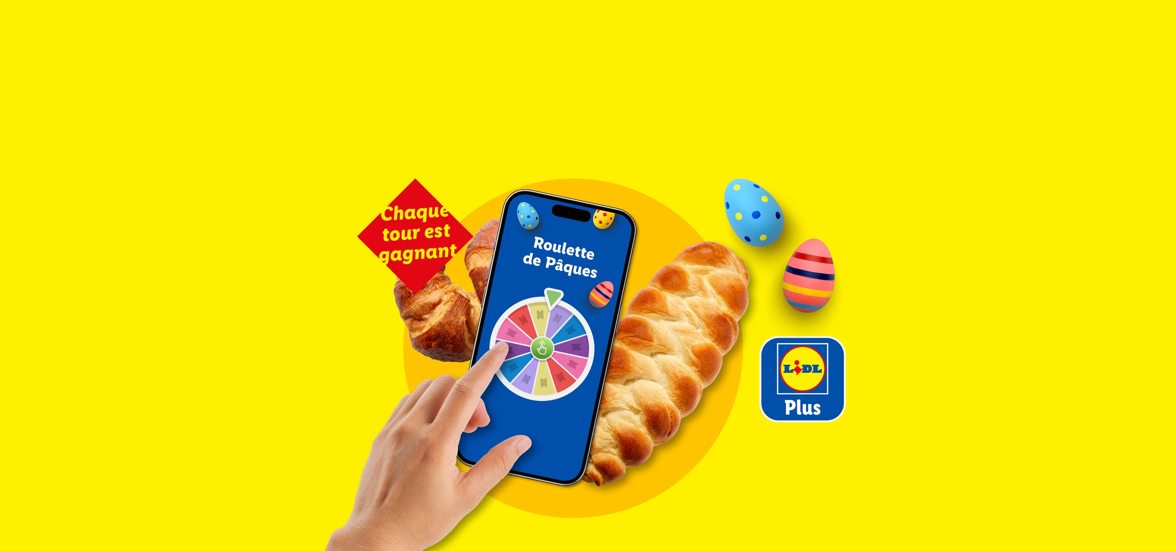 Œufs de Pâques, tulipes et viennoiseries avec un jeu de roue sur téléphone. Chaque tour est gagnant.