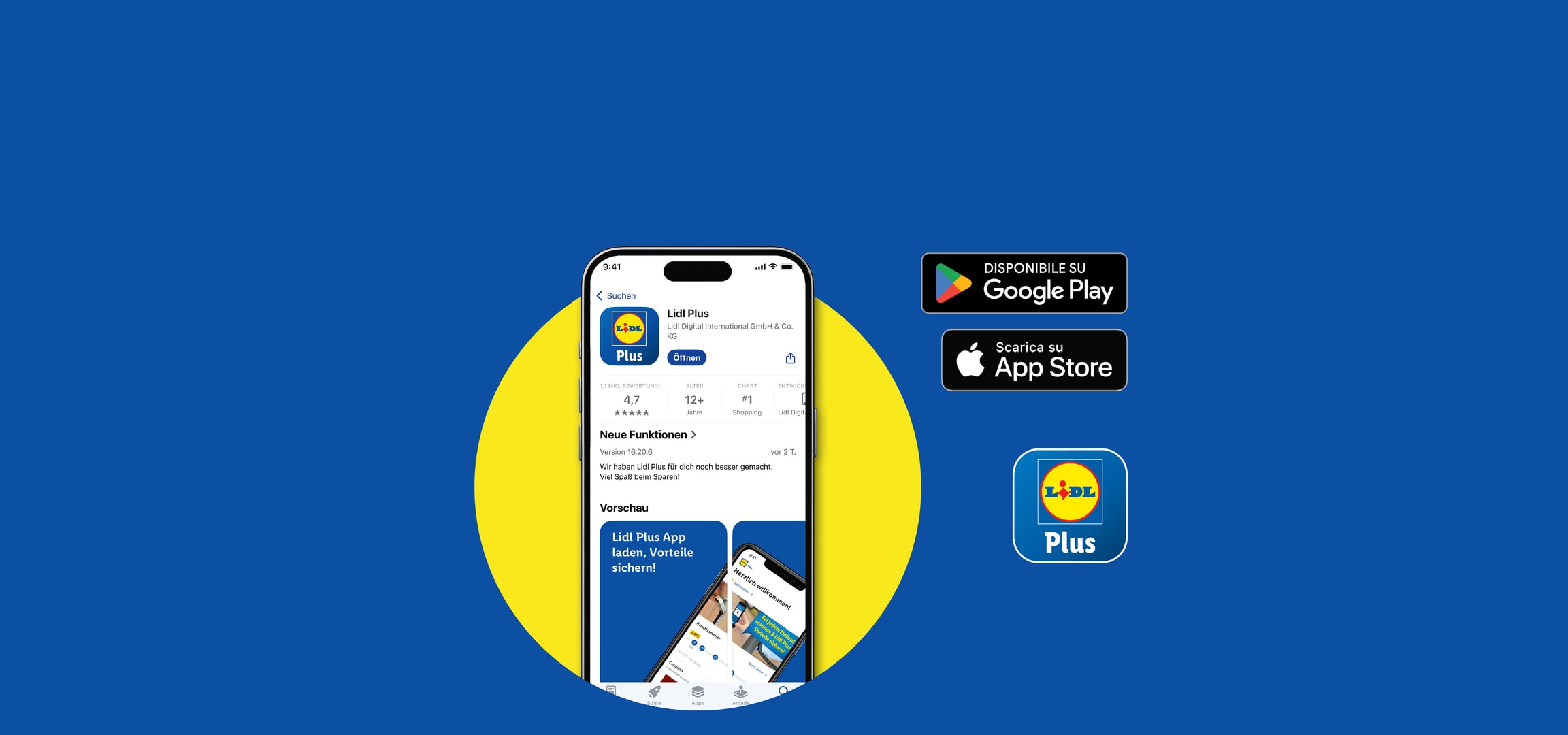 Schermata dell'app Lidl Plus su smartphone, con pulsanti per scaricare da Google Play e App Store.