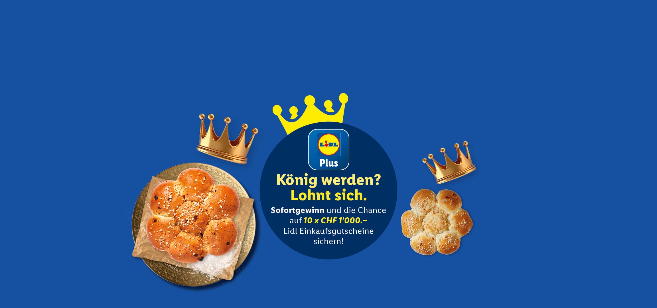 Lidl Plus Werbung mit Osterbrot und Kronen, die dazu einlädt, König zu werden und Einkaufsgutscheine zu gewinnen.