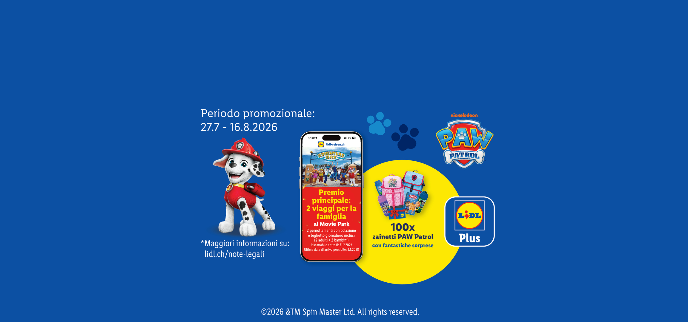 Werbebanner für Paw Patrol-Rucksäcke und einen Familienausflug in den Movie Park.