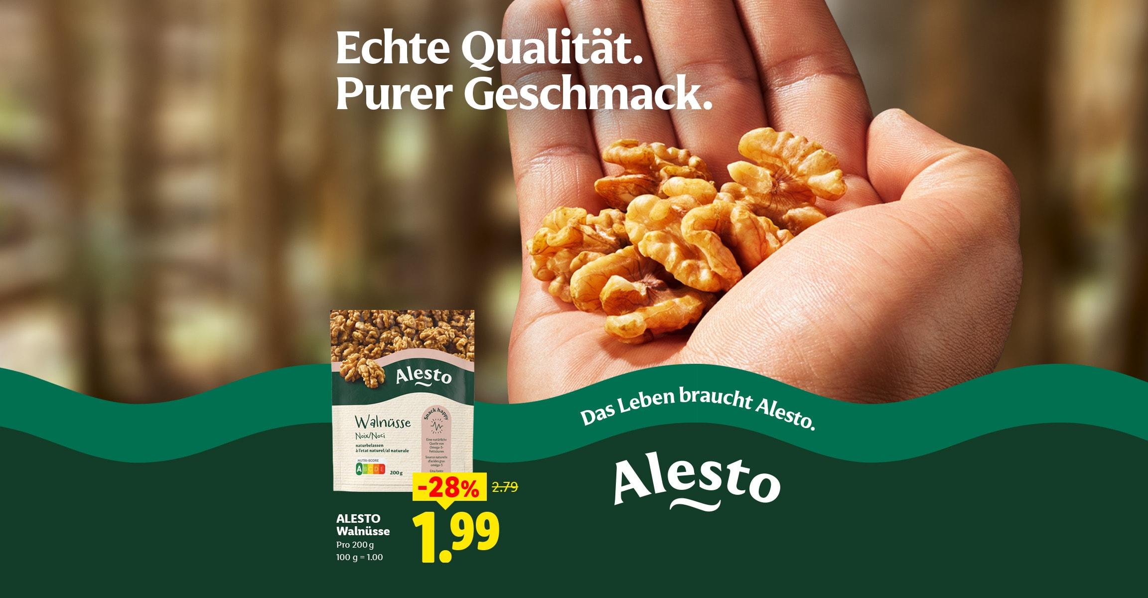 AI-generiert: Echte Qualität. Purer Geschmack. Das Leben braucht Alesto. ALESTO Walnüsse Pro 200 g 100 g = 1.00 -28% CHF 1.99