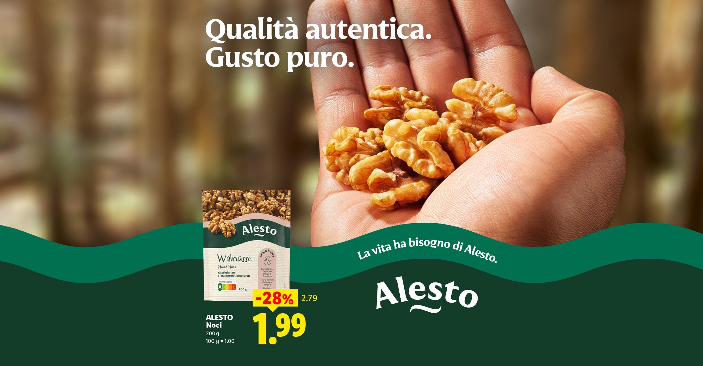 Generato da AI: Qualità autentica. Gusto puro. La vita ha bisogno di Alesto. ALESTO Noci 200 g 100 g = 1.00 -28% CHF 1.99