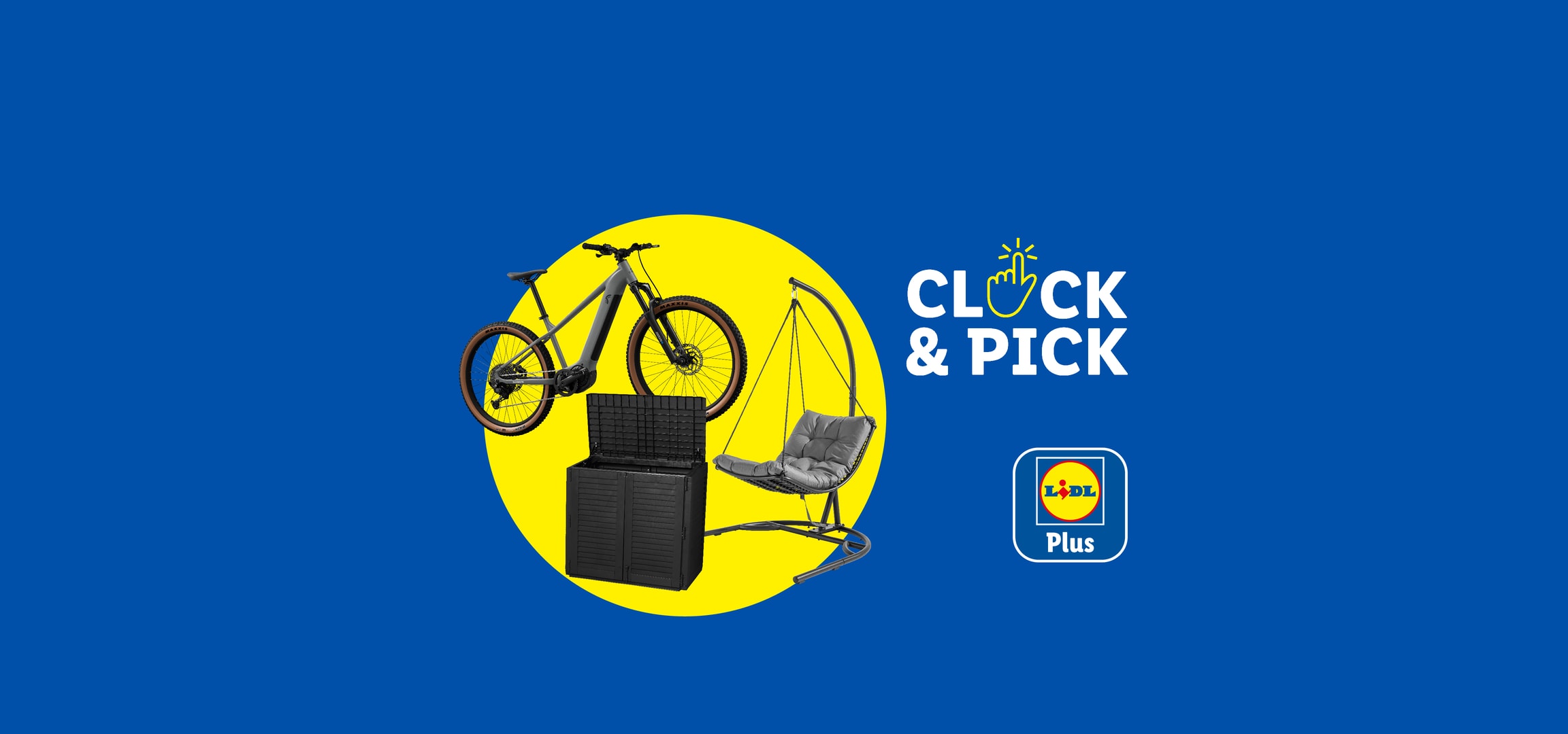 Vélo, coffre de rangement extérieur et chaise suspendue sur fond bleu et jaune avec texte 'CLICK & PICK'.