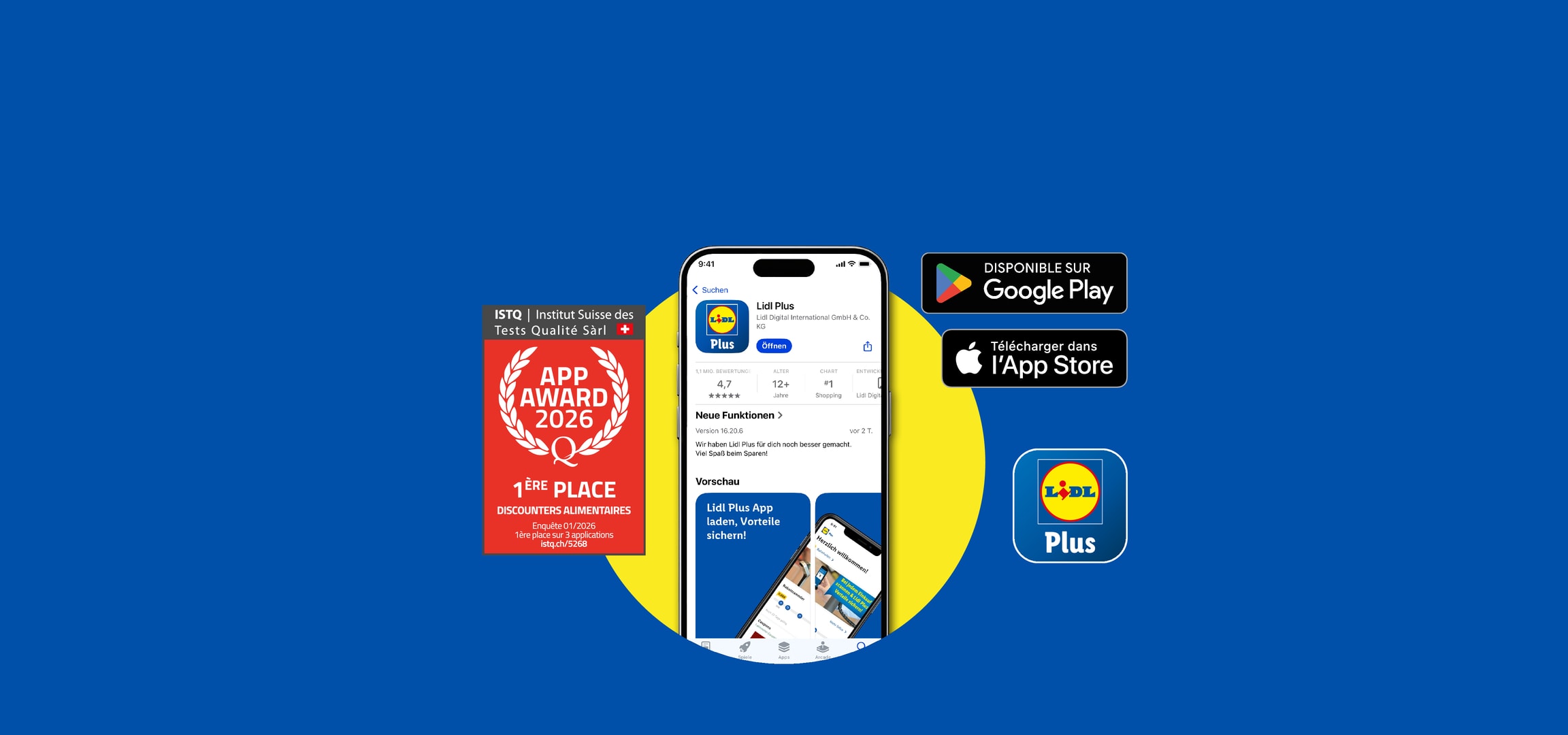 Application mobile Lidl Plus sur un smartphone, avec les logos Google Play et App Store, et un prix d'application.