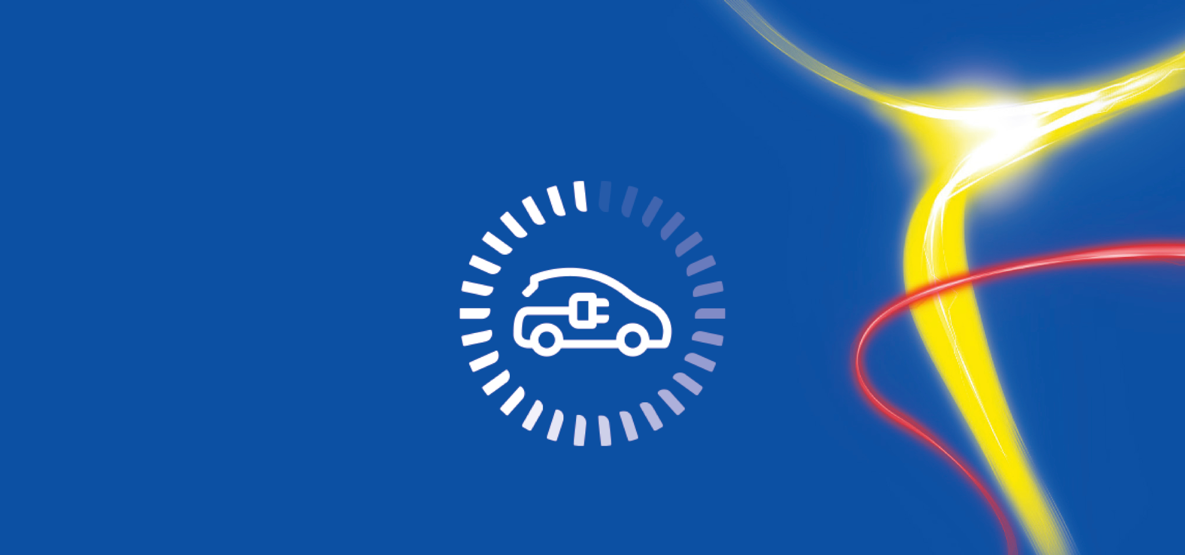 Blauer Hintergrund mit Elektroauto-Symbol und leuchtenden gelben und roten Linien.