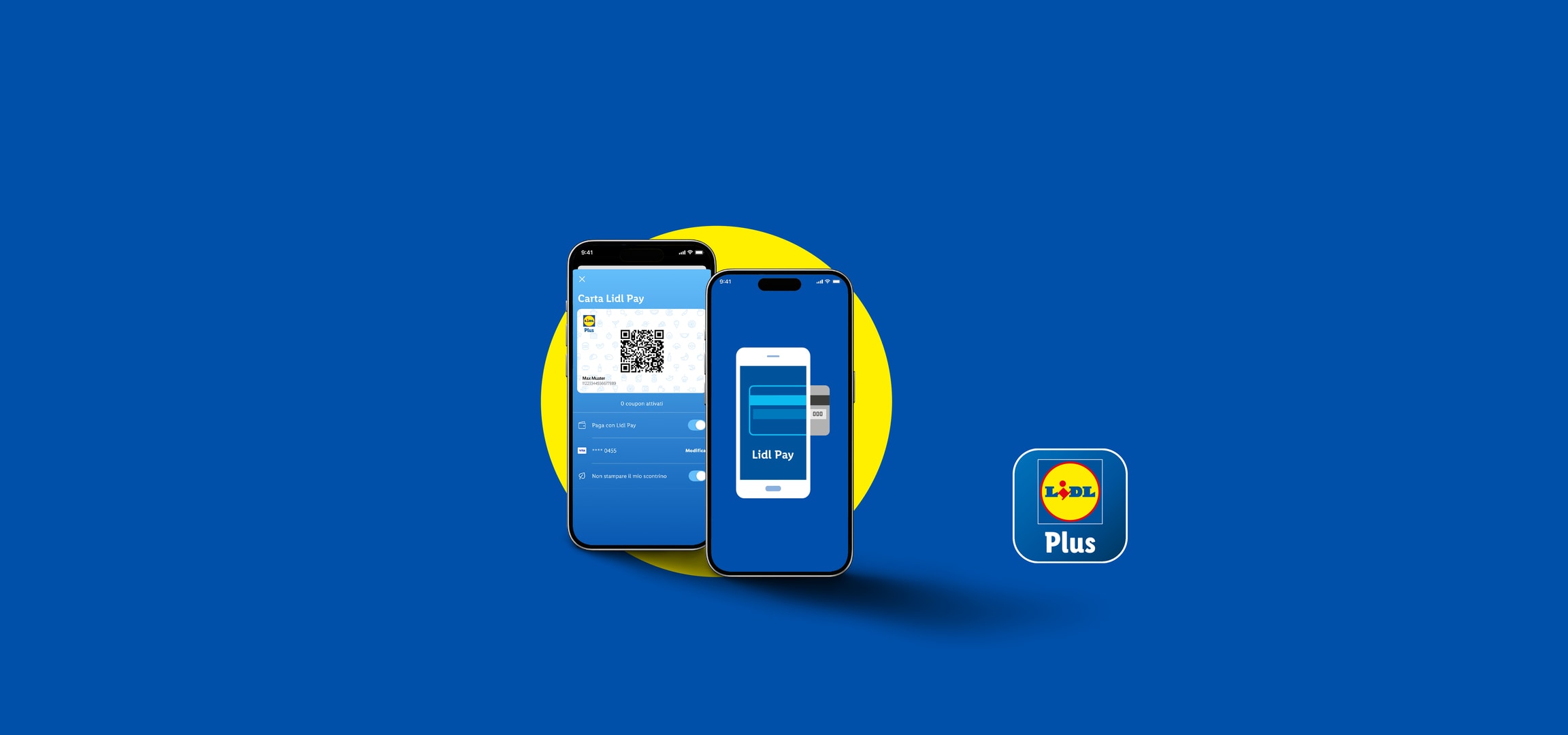 Due smartphone mostrano l'app di pagamento mobile e il logo Plus su sfondo blu e giallo.