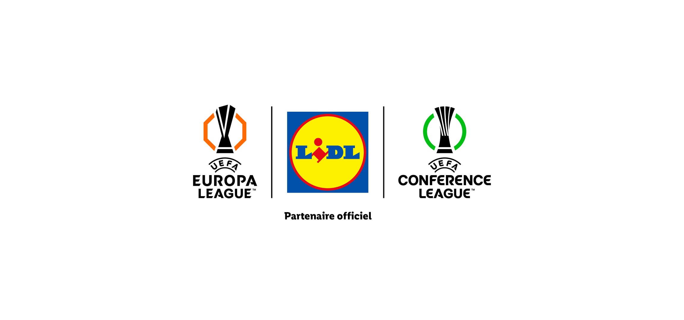 Logos de l'UEFA Europa League, Lidl et l'UEFA Conference League avec la mention 'Partenaire officiel'.