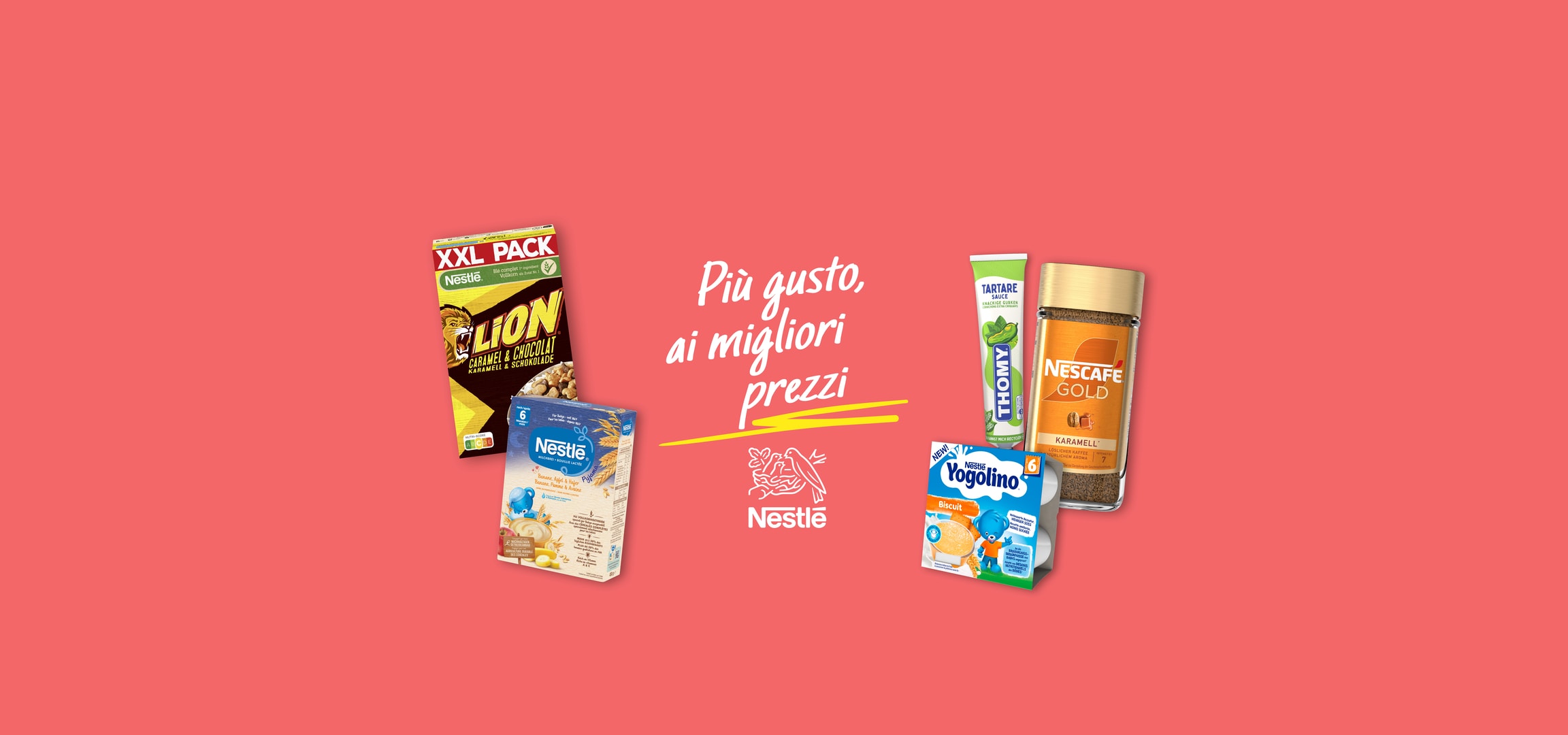 Confezioni di cereali, cioccolato, yogurt e caffè con la scritta 'Più gusto, ai migliori prezzi'.