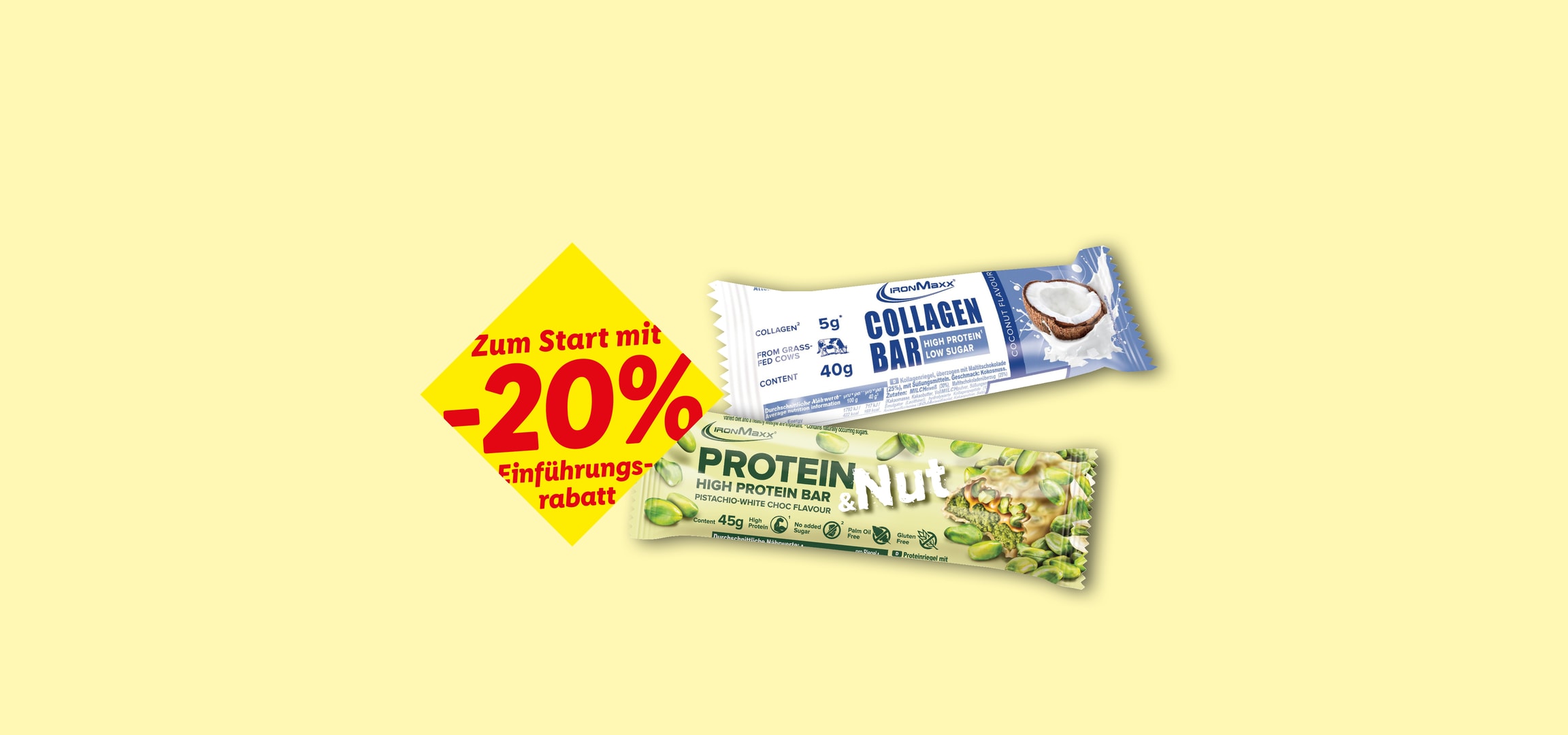 IronMaxx Collagen und Protein & Nut Riegel mit 20% Einführungsrabatt.