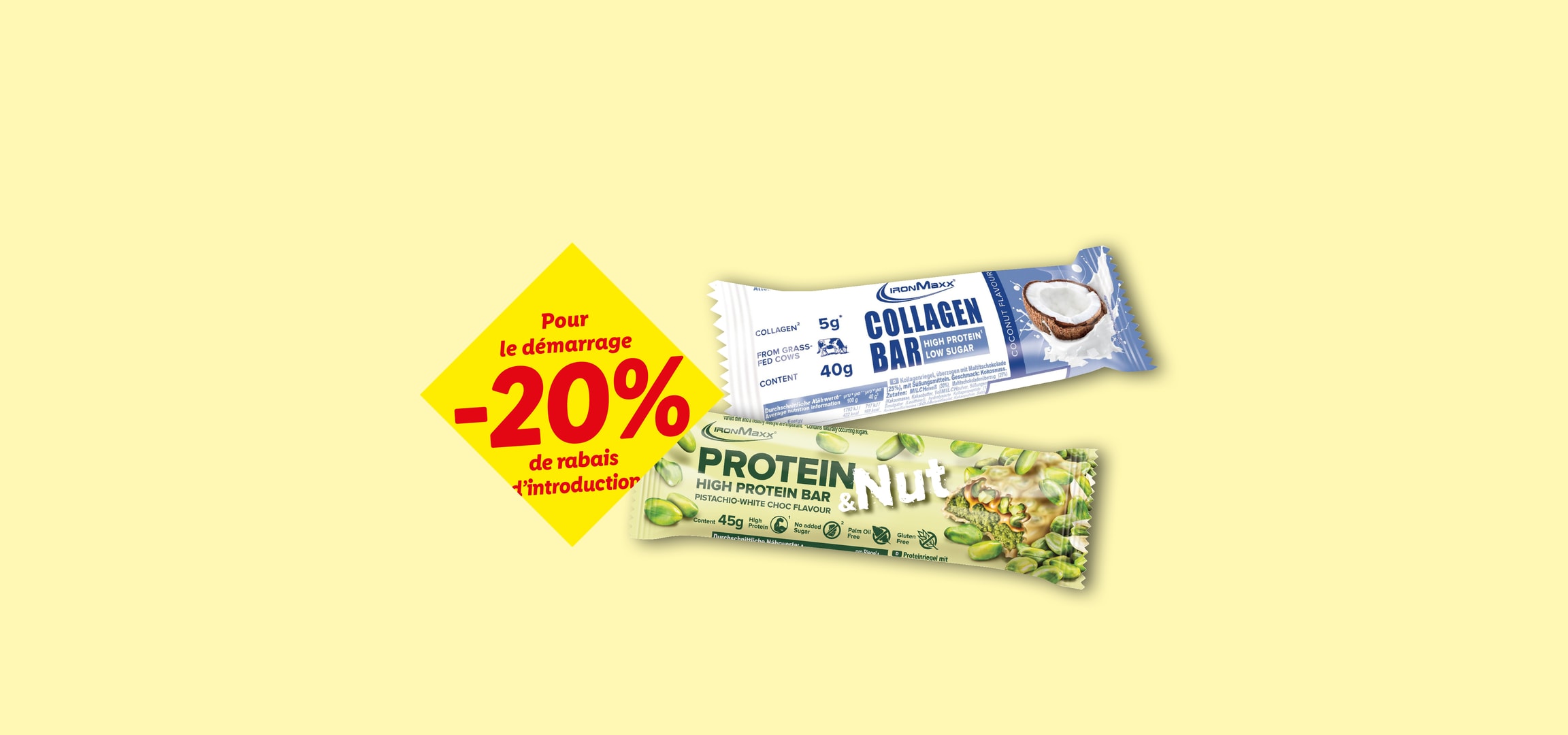 Barres protéinées IronMaxx pistache et noix de coco avec 20% de réduction.