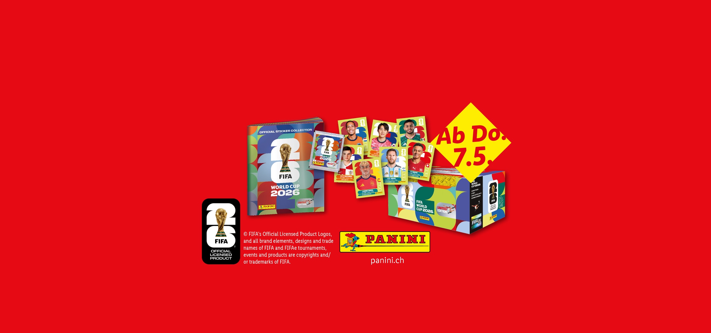 Weltmeisterschaft 2026 Sticker-Kollektion mit Album und Sticker-Box.