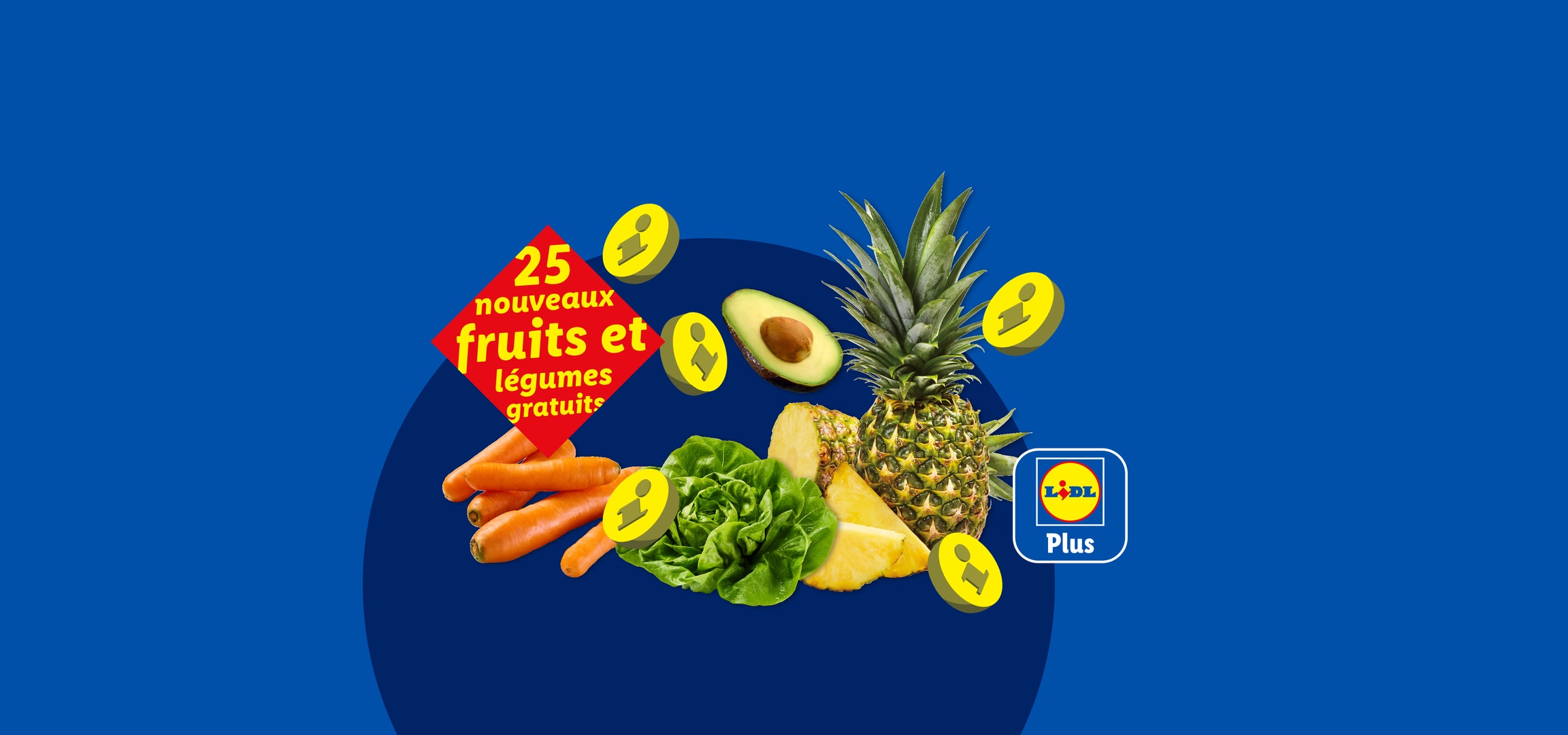 Fruits et légumes frais, dont ananas, avocat, carottes et salade, avec des icônes d'information.