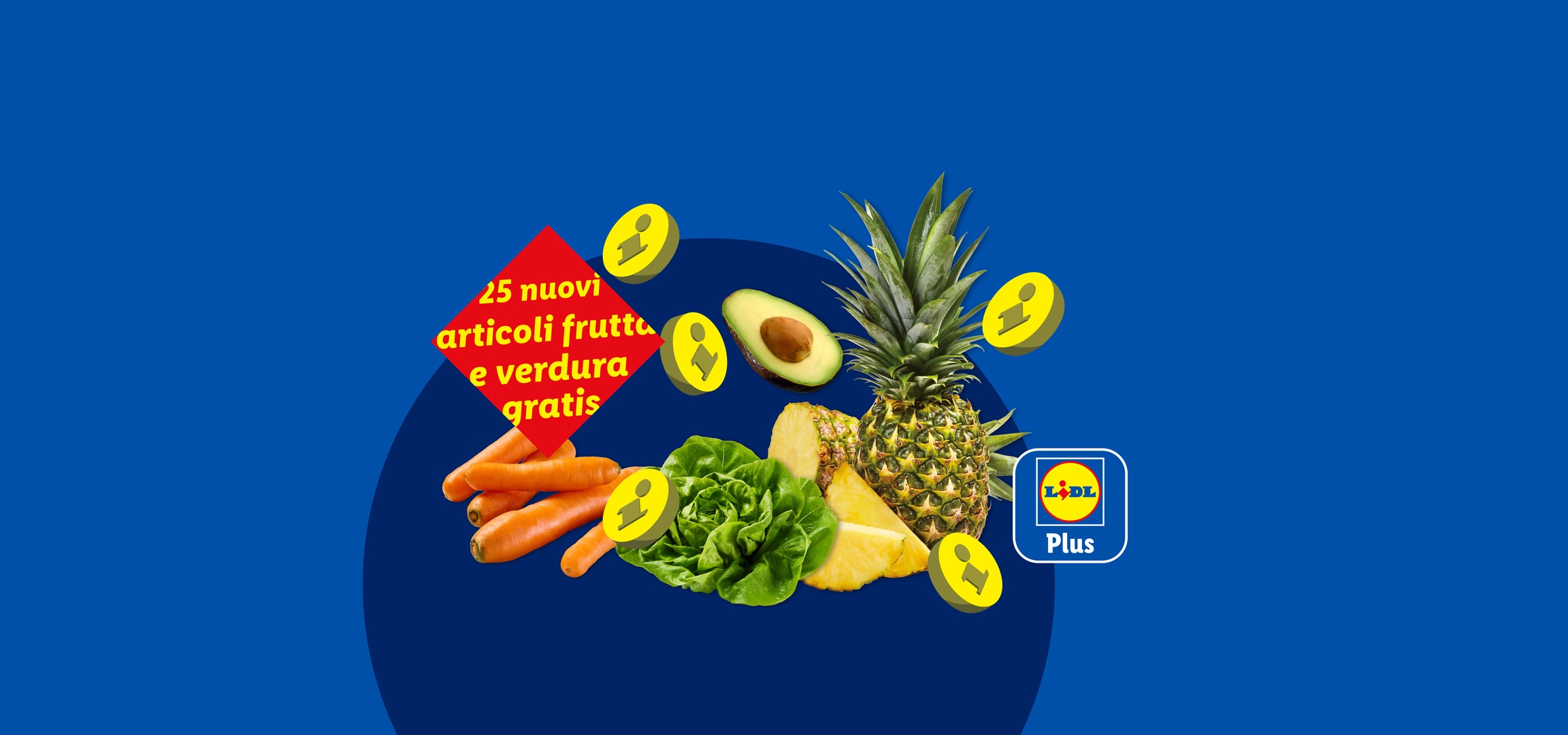 Frutta e verdura fresca con icone informative e testo promozionale.