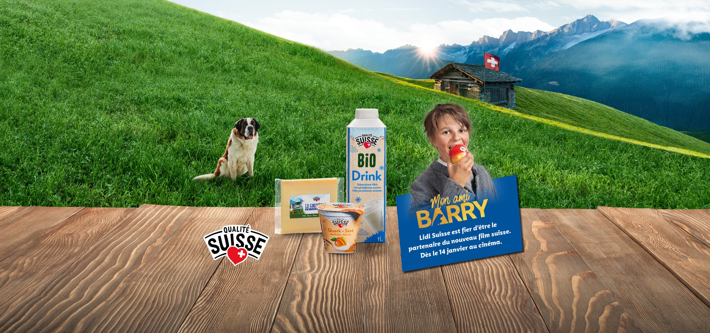 Produits laitiers Lidl Suisse (boisson Bio, fromage, quark) sur fond de paysage alpin avec un chien Saint-Bernard et un enfant.