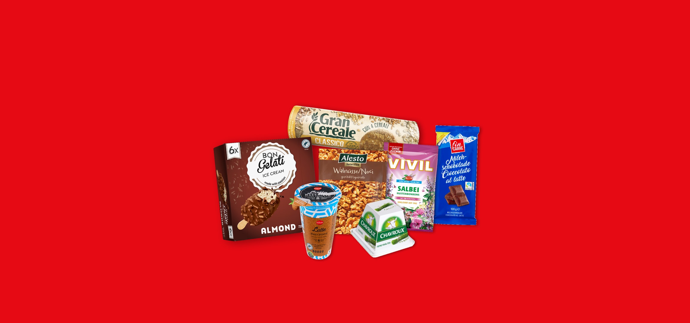 Sortiment von Lidl-Produkten, darunter Bon Gelati Eis, Gran Cereale, Alesto Walnüsse, Vivil Bonbons, Fin Carre Schokolade und Chavroux Käse.