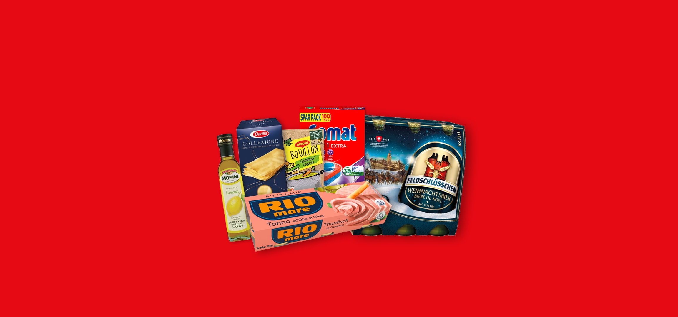 Auswahl an Lebensmitteln, darunter Barilla Nudeln, Rio Mare Thunfisch und Feldschlösschen Bier.