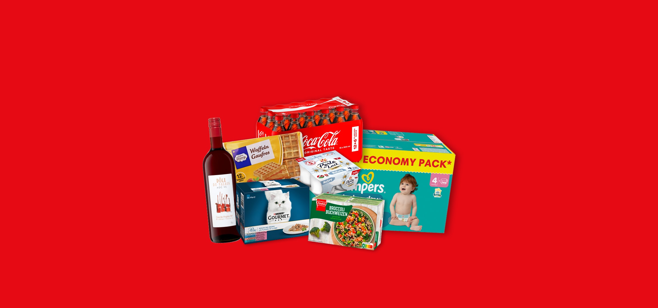 Sortiment an Lebensmitteln, darunter Wein, Waffeln, Coca-Cola, Katzenfutter, Pampers Windeln und Brokkoli.