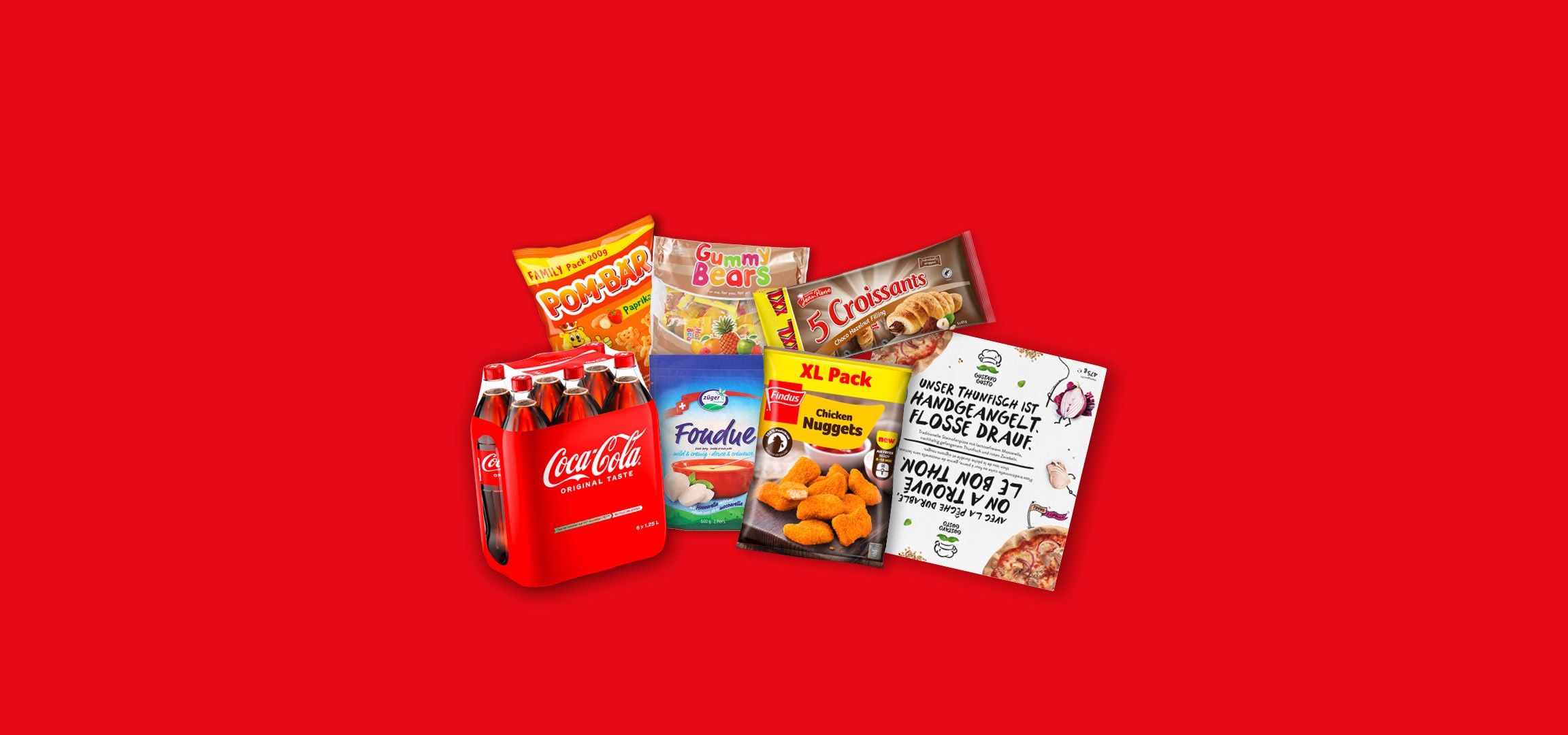 Auswahl an Snacks und Getränken, darunter Pom-Bär, Croissants, Coca-Cola, Chicken Nuggets und Fondue.