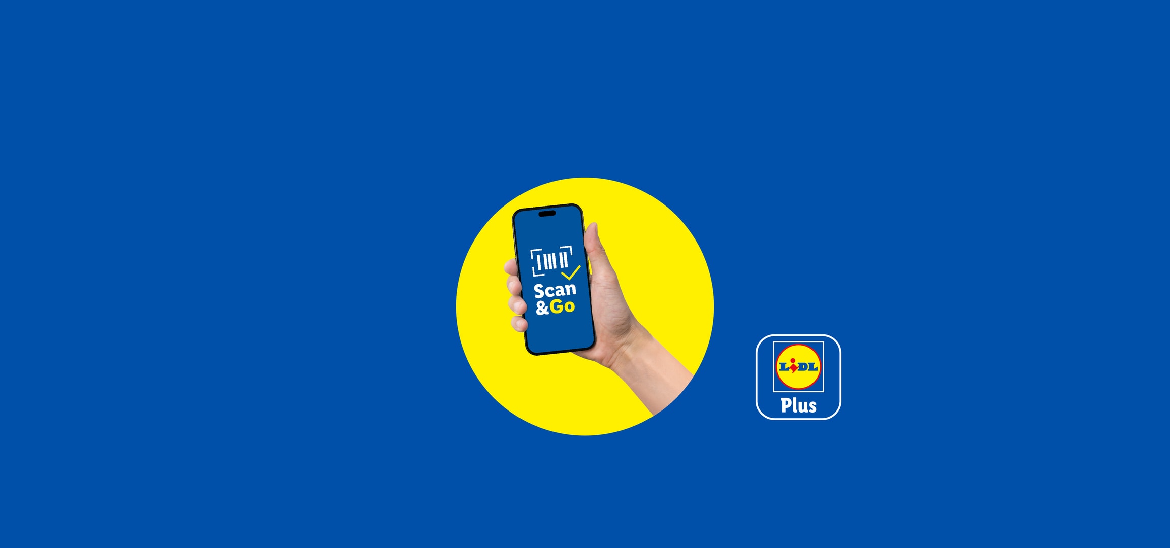 Main tenant un smartphone avec l'application Scan & Go sur fond bleu et jaune.