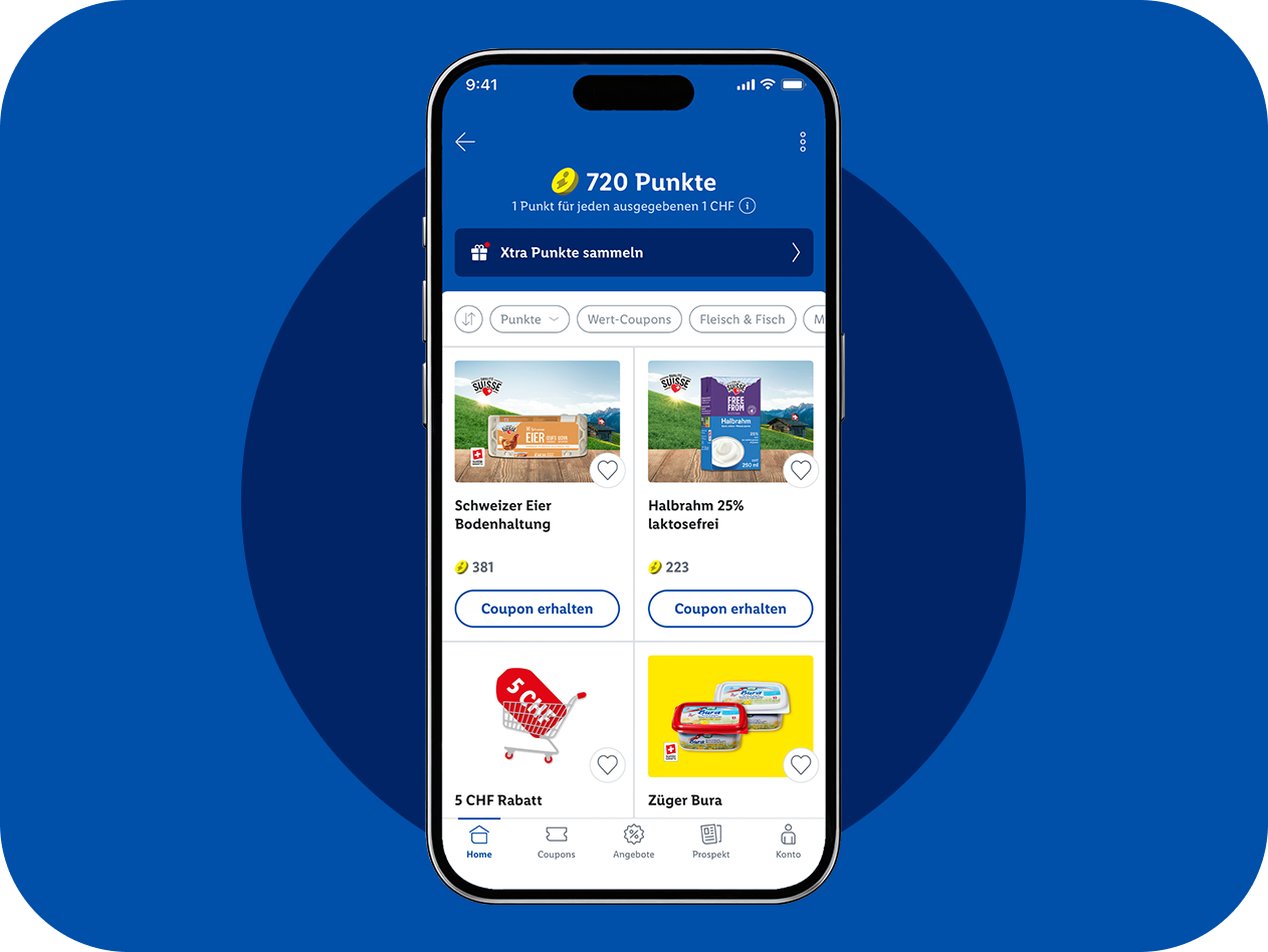 Eine mobile App zeigt Coupons für Eier, Sahne, einen 5 CHF Rabatt und Butter.