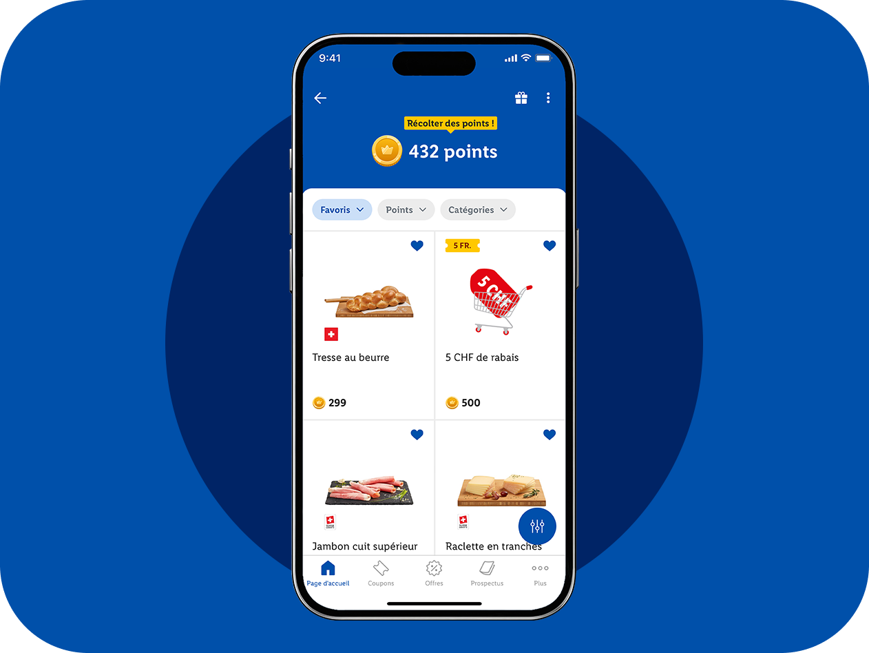 Application mobile avec points de fidélité, tresse au beurre, jambon cuit et raclette.