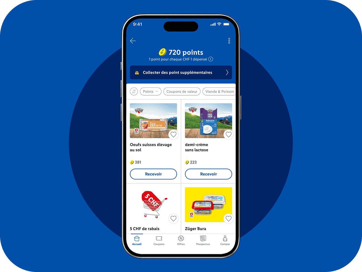 Application smartphone avec des offres pour des œufs, de la demi-crème et des bons de réduction.