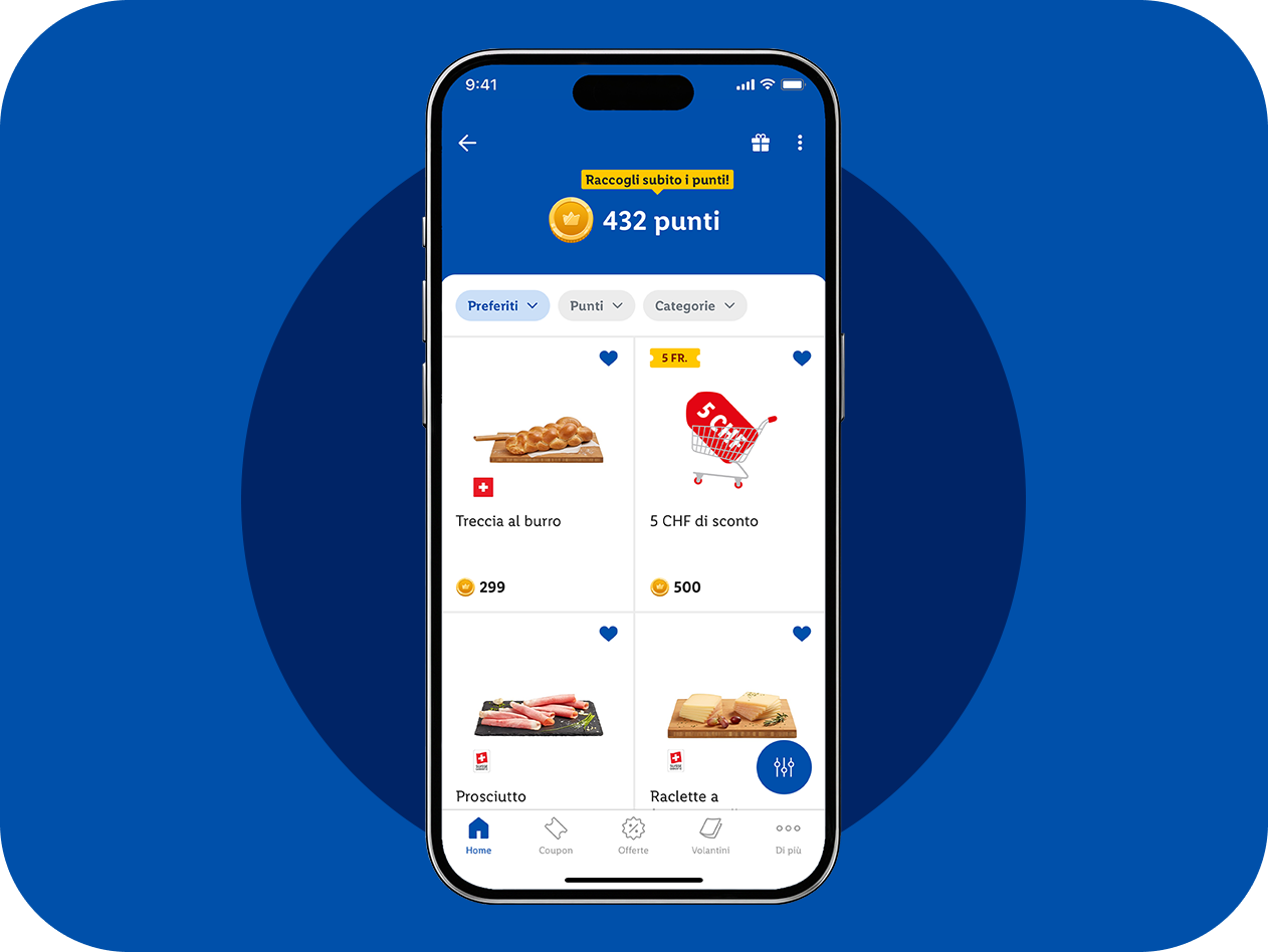 Schermata dell'app mobile con punti fedeltà, treccia al burro, prosciutto e raclette.