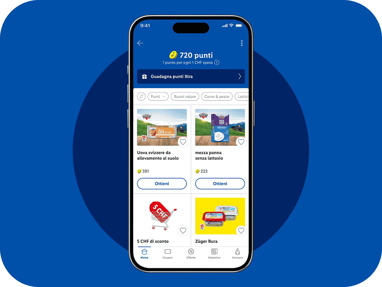 Un'app mobile mostra offerte per uova, panna senza lattosio e formaggio, con un saldo punti di 720.