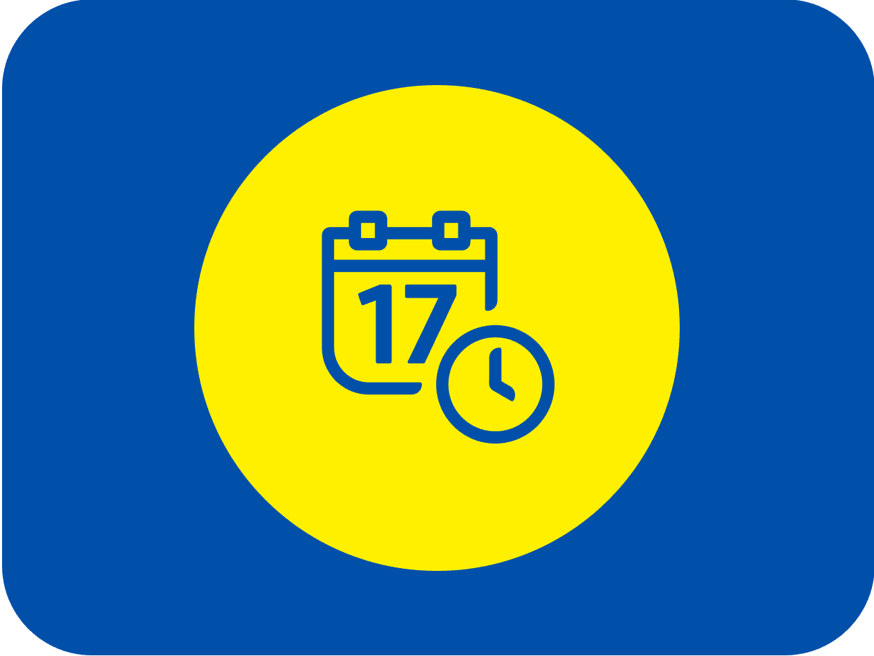Ein gelber Kreis mit einem Kalender und einer Uhr zeigt ein Datum an.