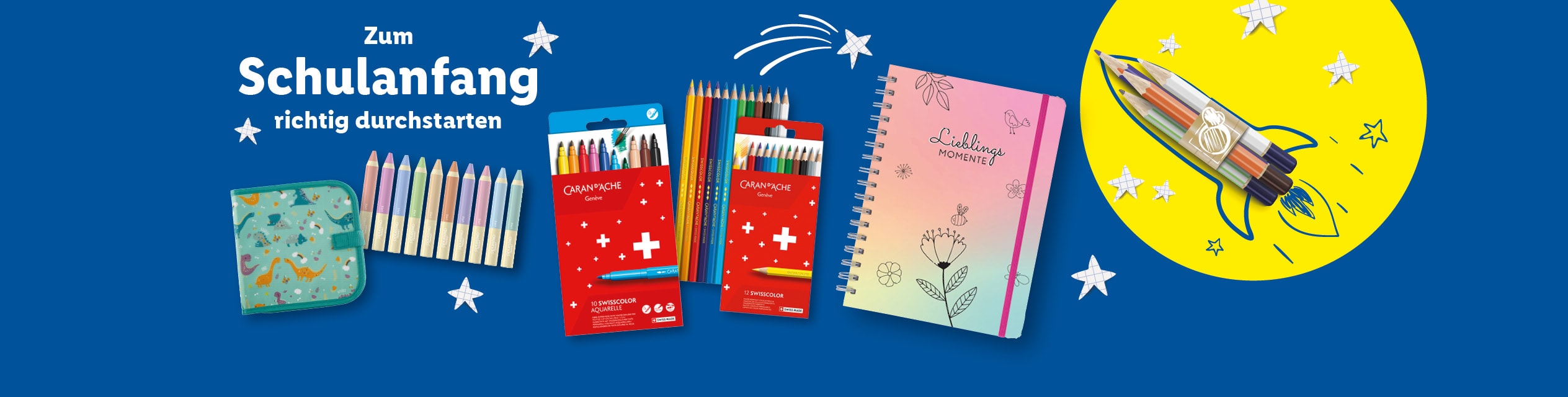 Caran d'Ache Stifte, ein Notizbuch und ein Etui für einen erfolgreichen Schulstart.