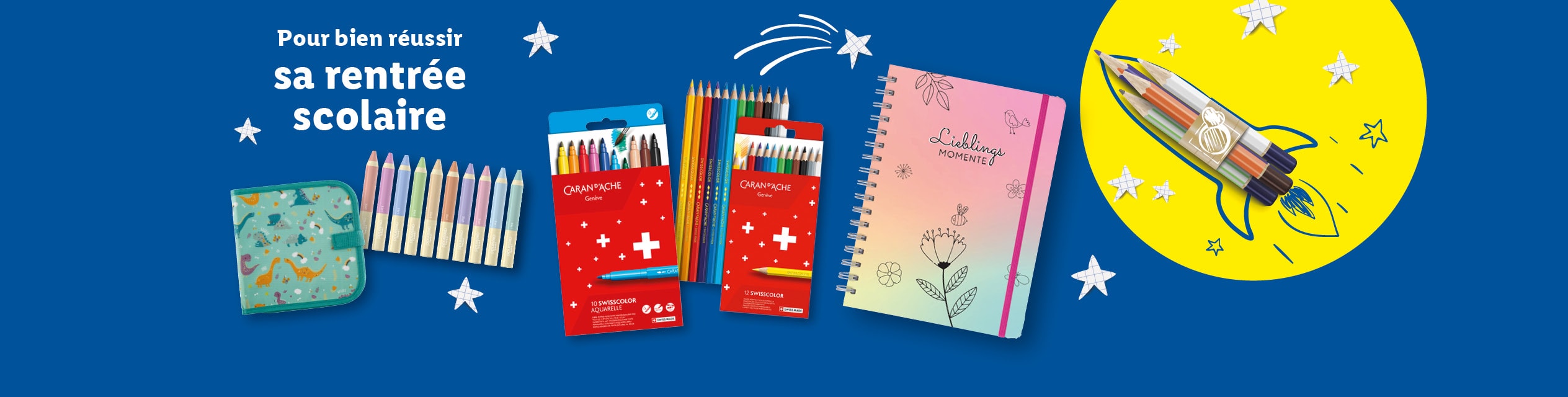 Caran d'Ache crayons, aquarelles et un carnet pour une rentrée scolaire réussie.